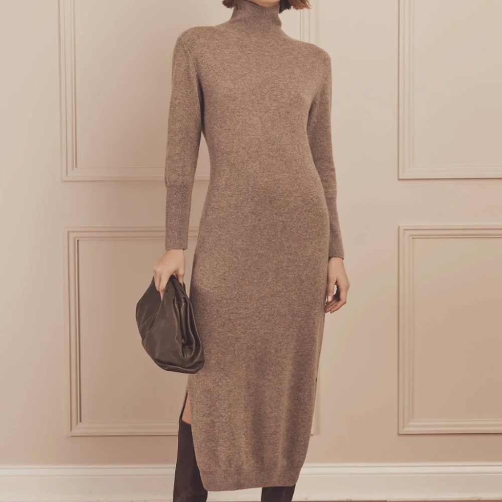 NAADAM Long Sleeve Turtleneck Knit Midi Dress in Brown